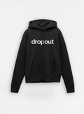 Black streetwear hoodie with white 'dropout' text, front kangaroo pocket, drawstring hood