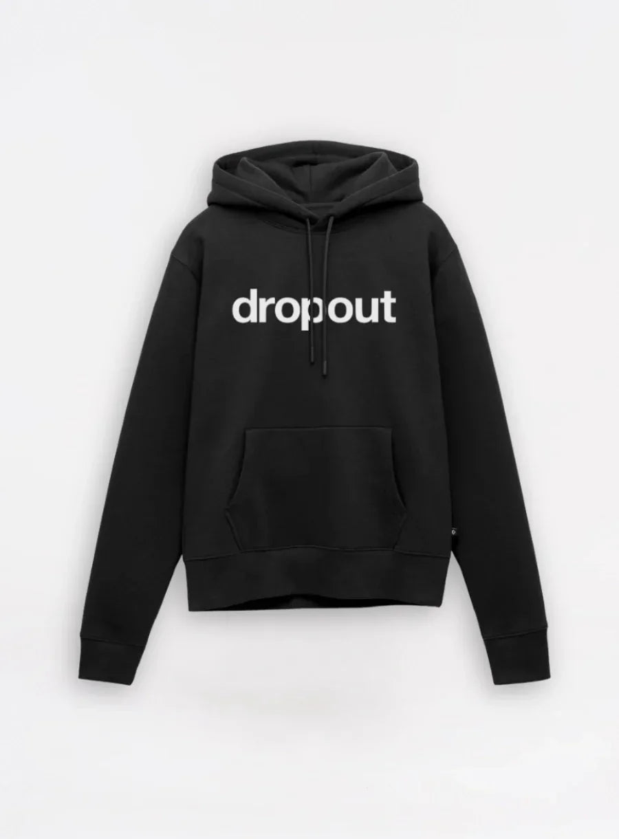 Black streetwear hoodie with white 'dropout' text, front kangaroo pocket, drawstring hood