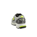 Gray and neon yellow NB sneaker, rear view, streetwear inspired athletic shoe