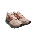 Beige and black streetwear sneakers with mesh upper and orange accents on white background