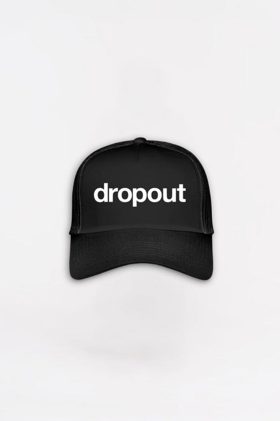 Black cap with 'dropout' text on a white background