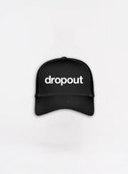 Black cap with 'dropout' text on a white background