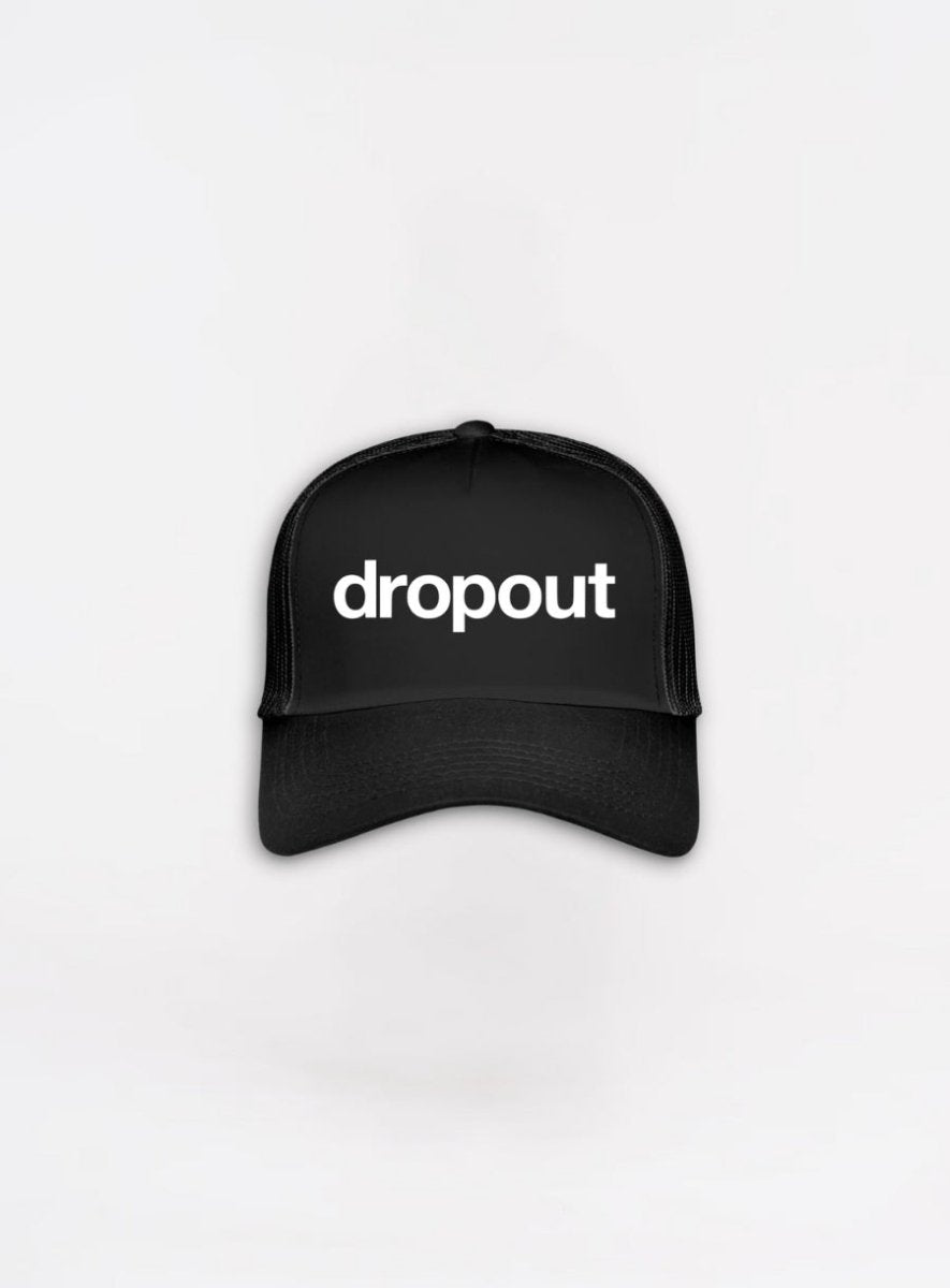 Black cap with 'dropout' text on a white background