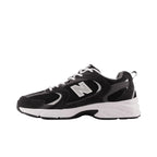 Black and white streetwear sneaker with mesh and suede details, side N logo, white sole