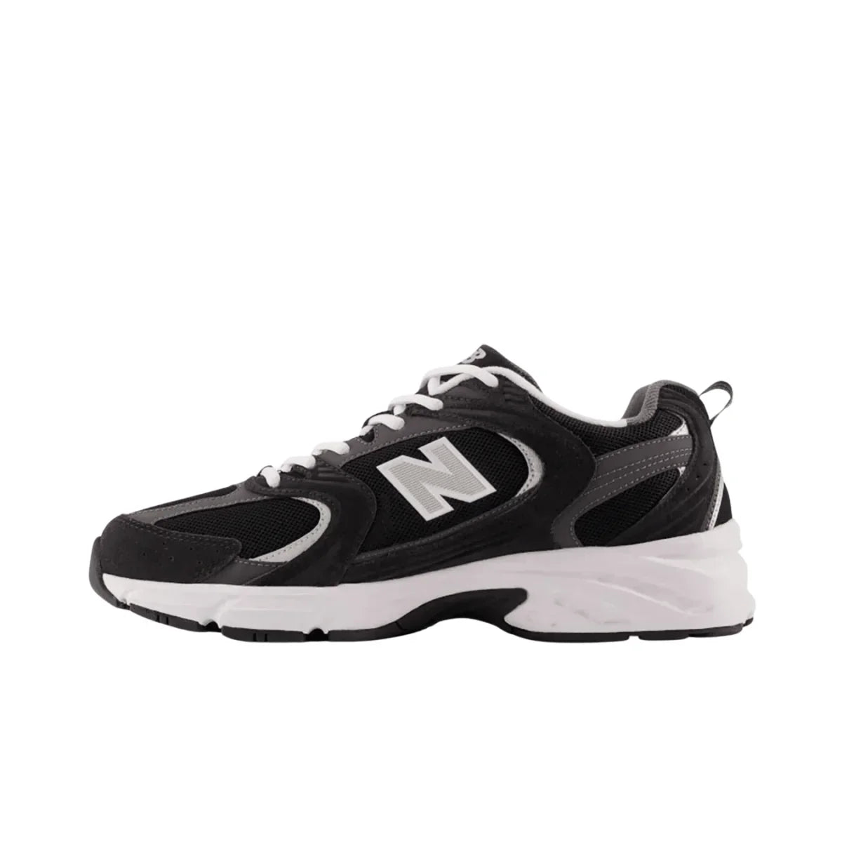 Black and white streetwear sneaker with mesh and suede details, side N logo, white sole