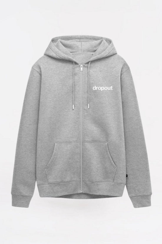 Gray hoodie with 'dropout' logo on a light gray background