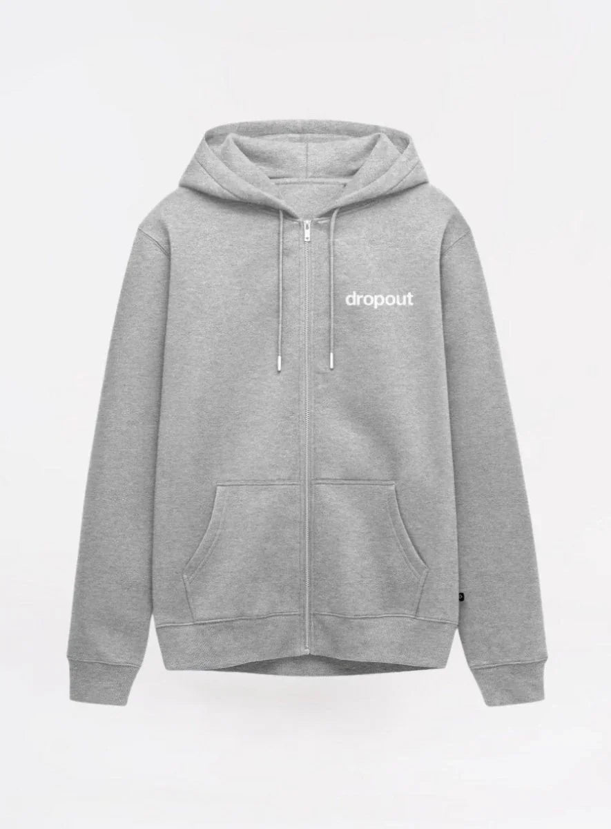 Gray hoodie with 'dropout' logo on a light gray background
