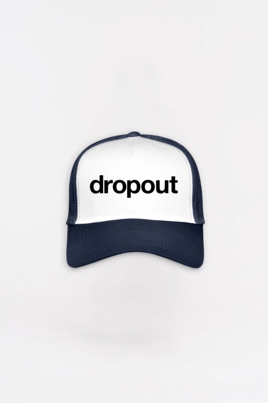 Navy and white Trucker hat with 'dropout' text on a white background