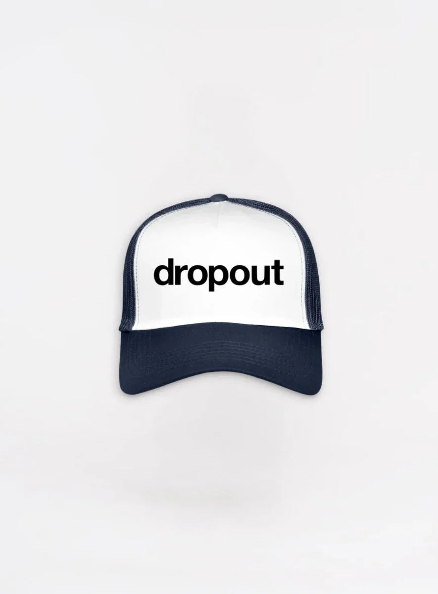 Navy and white Trucker hat with 'dropout' text on a white background