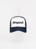 Navy and white Trucker hat with 'dropout' text on a white background