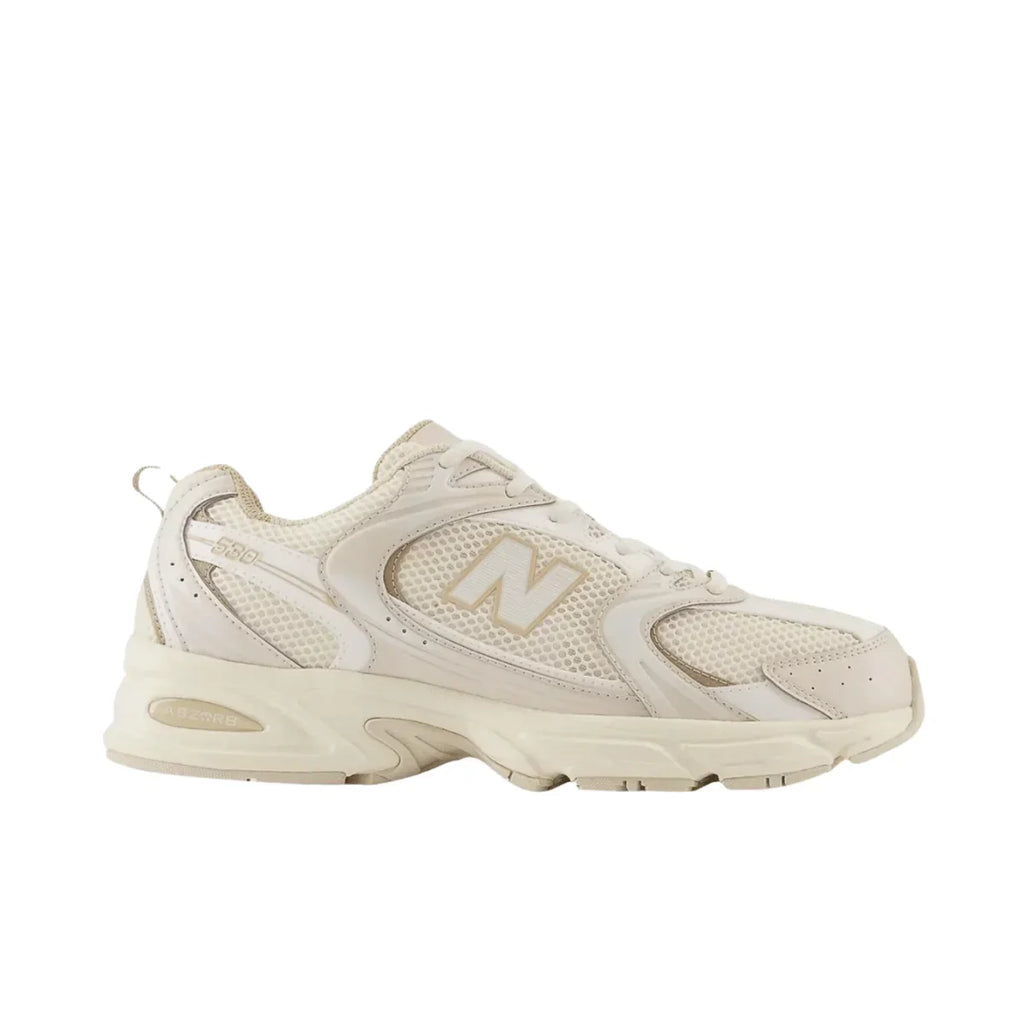 Cream mesh and leather sneaker with chunky sole, neutral streetwear-inspired design