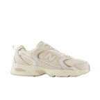 Cream mesh and leather sneaker with chunky sole, neutral streetwear-inspired design
