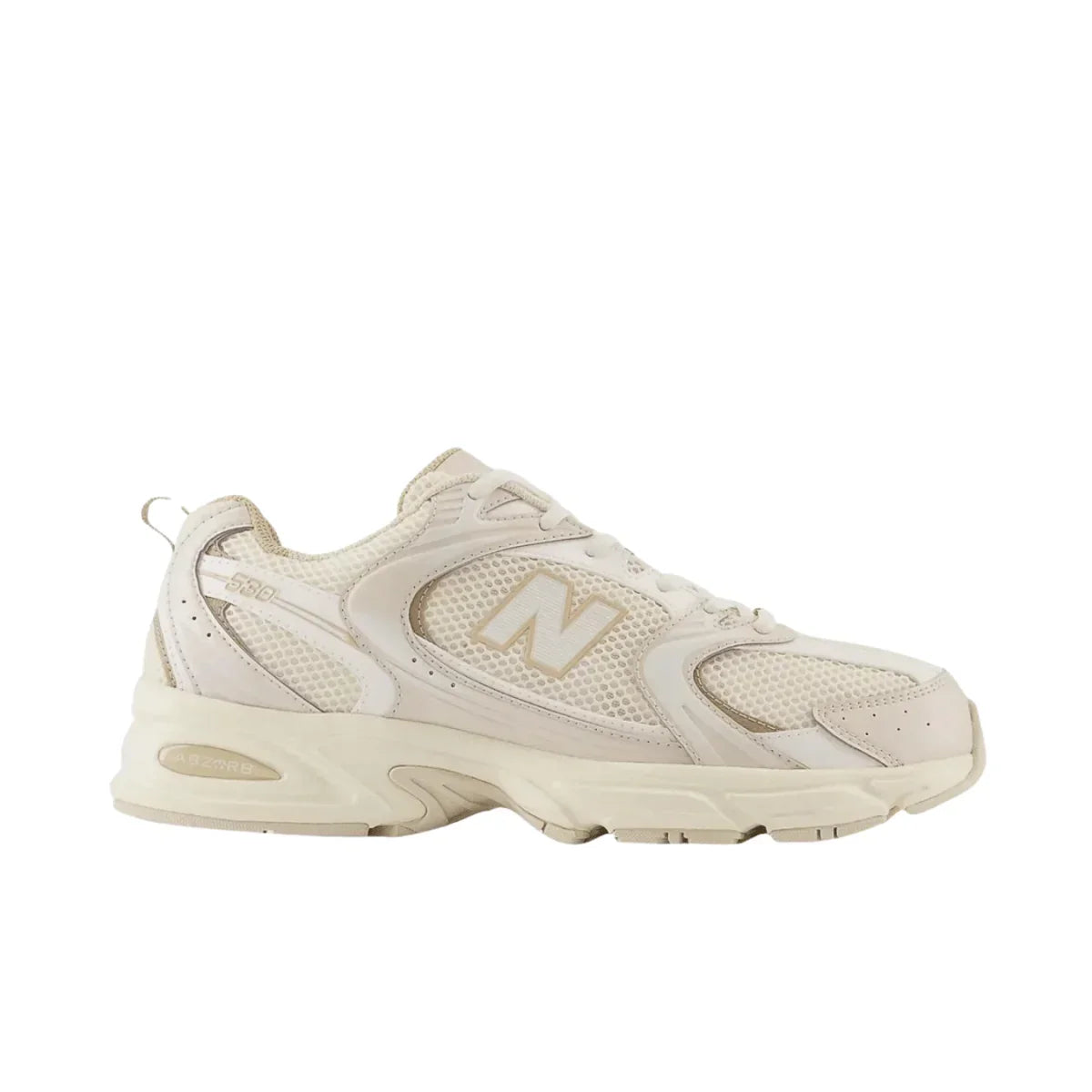 Cream mesh and leather sneaker with chunky sole, neutral streetwear-inspired design
