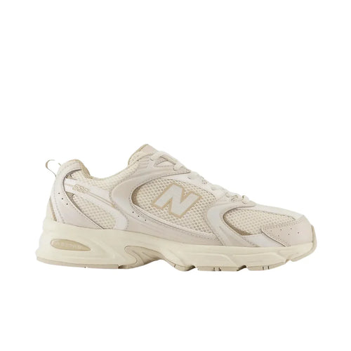Cream mesh and leather sneaker with chunky sole, neutral streetwear-inspired design