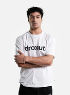 Person wearing a white t-shirt with 'dropout' logo on a white background