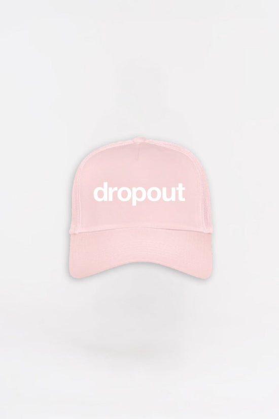 Pink cap with 'dropout' text on a white background