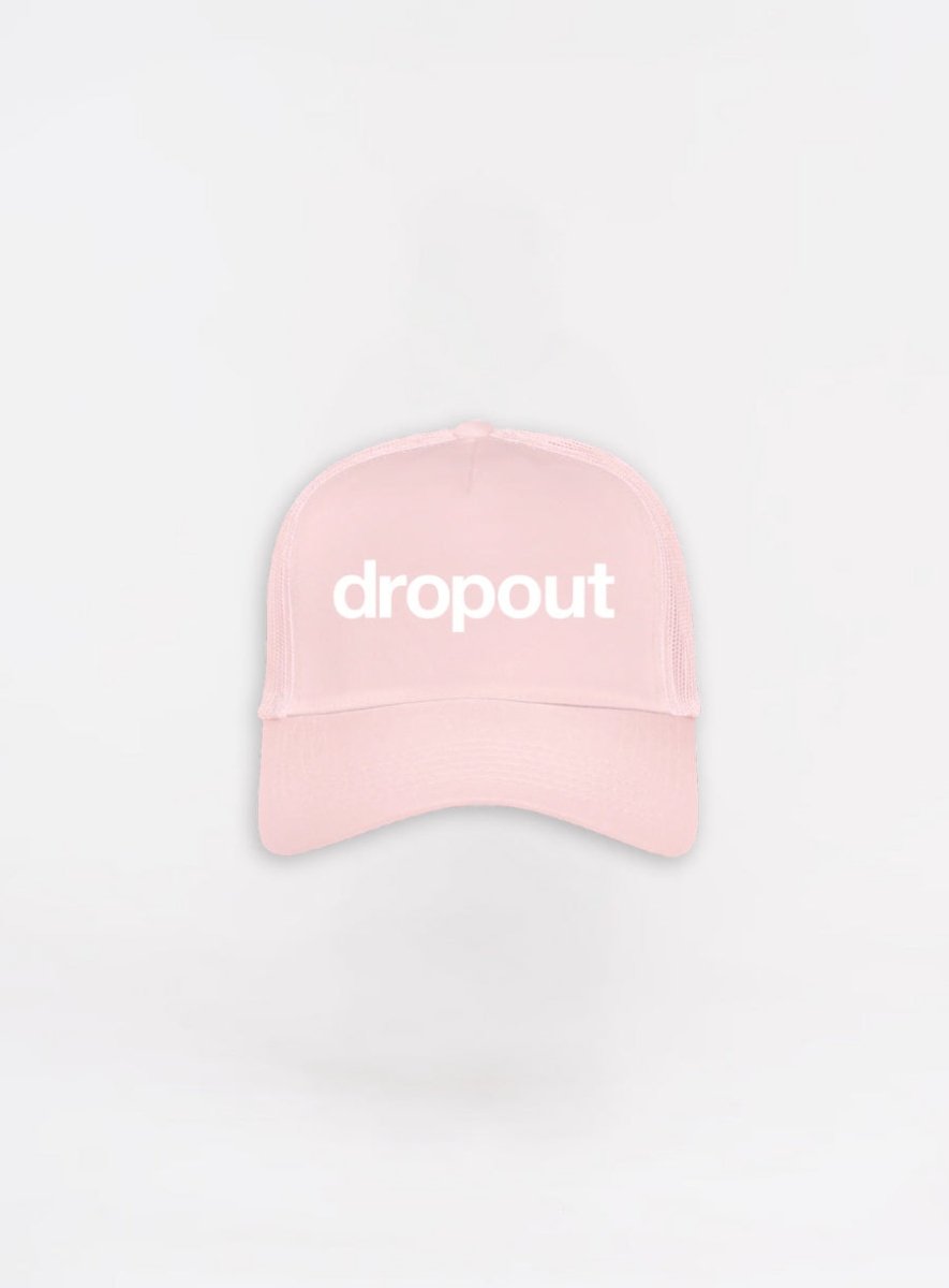 Pink cap with 'dropout' text on a white background
