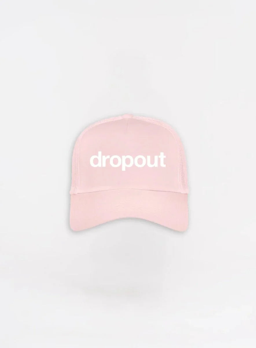 Pink cap with 'dropout' text on a white background