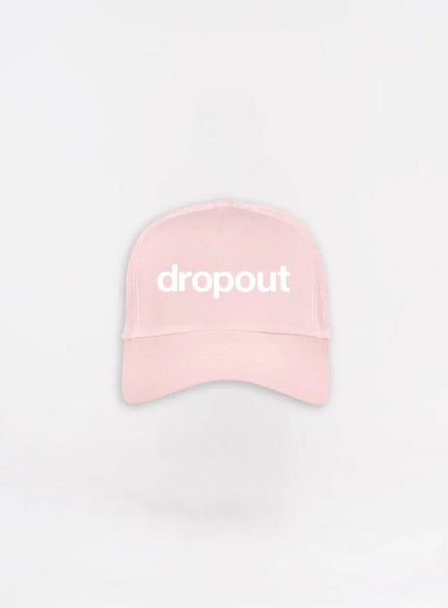 Pink cap with 'dropout' text on a white background