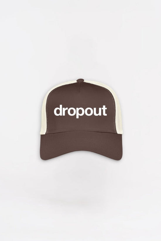 Brown cap with 'dropout' text on a white background