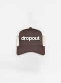 Brown cap with 'dropout' text on a white background