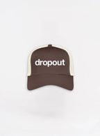 Brown cap with 'dropout' text on a white background