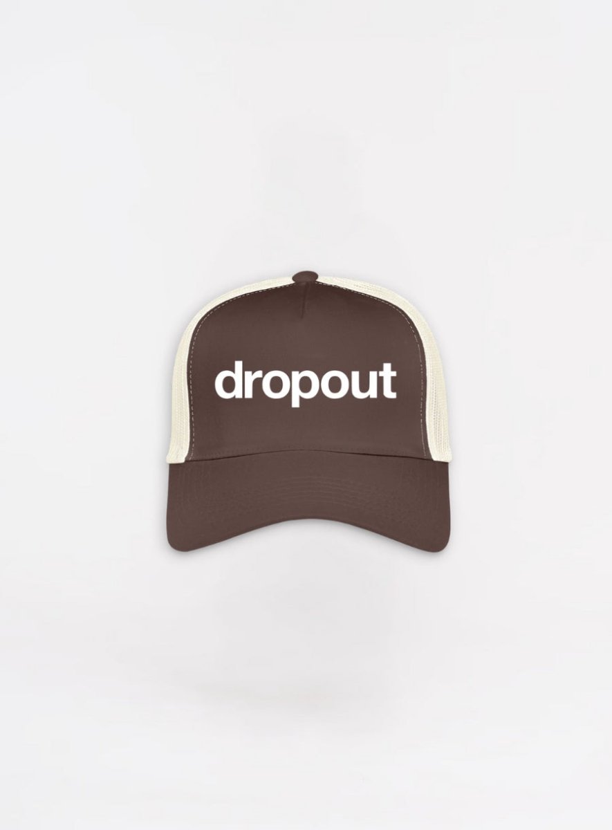 Brown cap with 'dropout' text on a white background