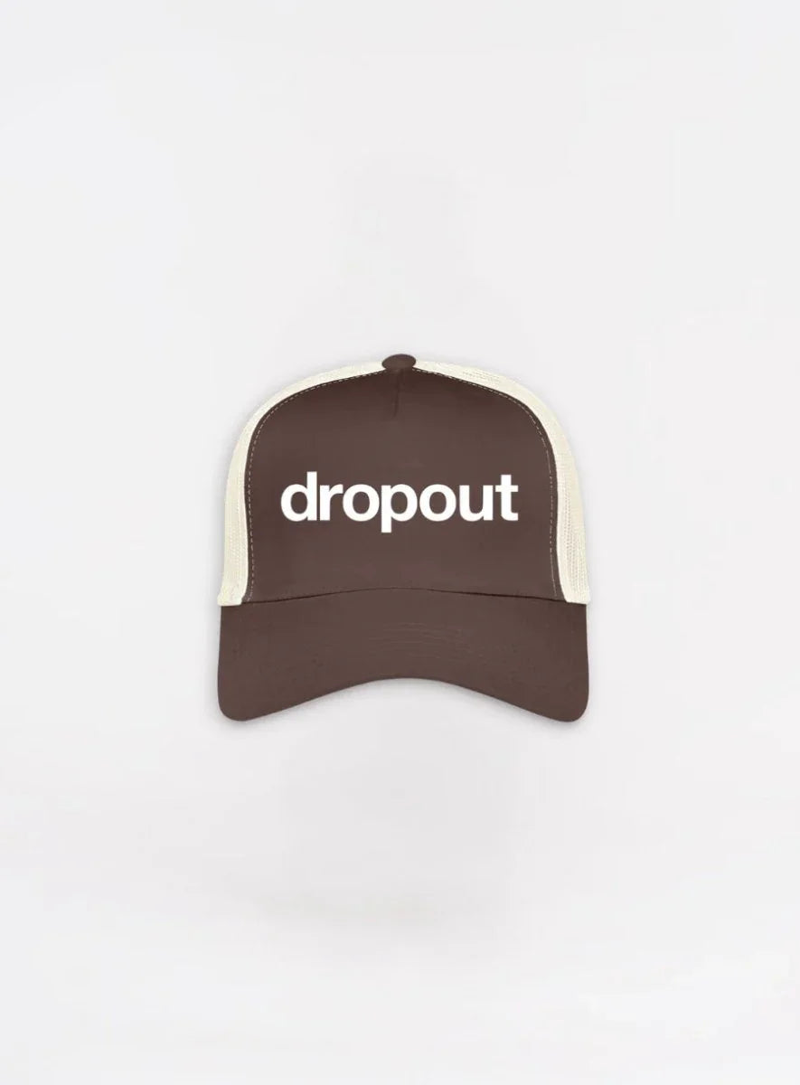 Brown cap with 'dropout' text on a white background
