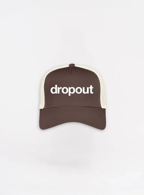 Brown cap with 'dropout' text on a white background