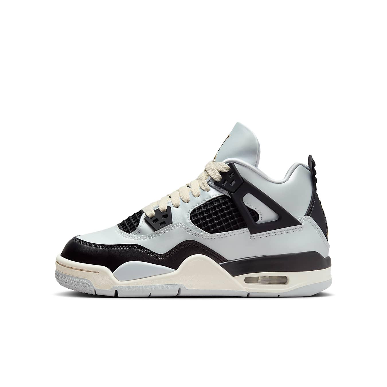Air Jordan 4 Retro Platinum Gold GS sneaker in Pure Platinum colorway with black accents and mesh detailing.