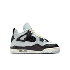 Air Jordan 4 Retro Platinum Gold GS sneaker in Pure Platinum and black, featuring mesh panels and TPU support.