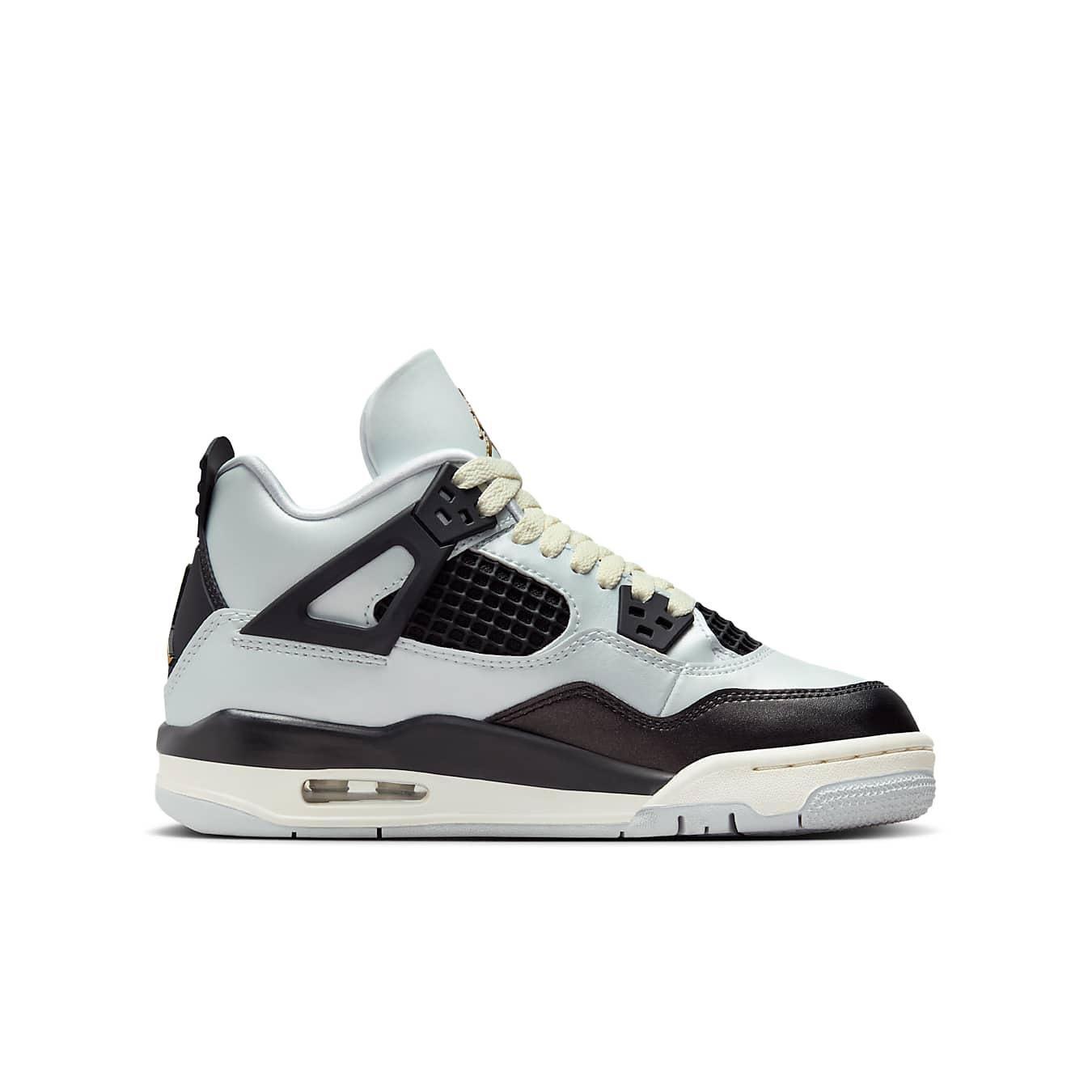 Air Jordan 4 Retro Platinum Gold GS sneaker in Pure Platinum and black, featuring mesh panels and TPU support.
