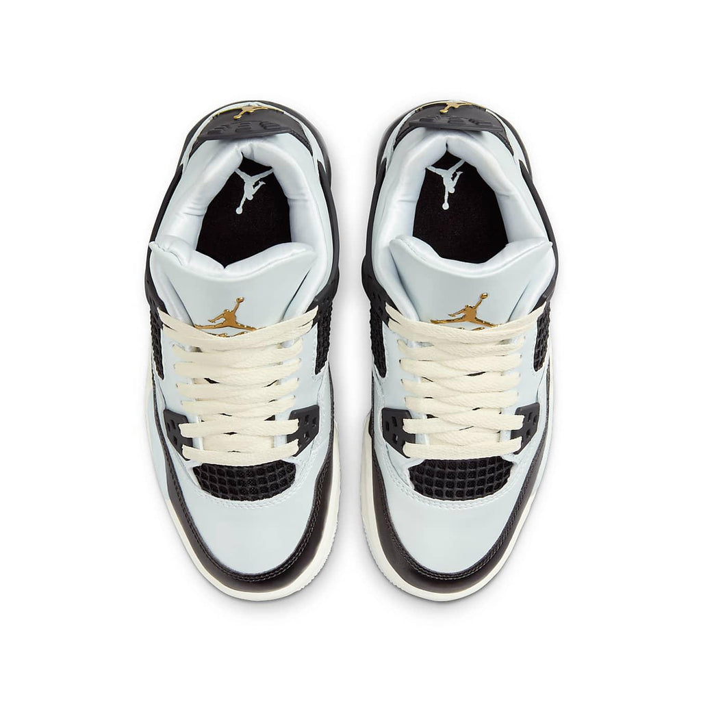 Jordan 4 Retro Platinum Gold (GS) sneakers, featuring a Pure Platinum leather upper and black mesh accents.