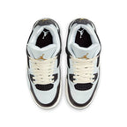 Jordan 4 Retro Platinum Gold (GS) sneakers, featuring a Pure Platinum leather upper and black mesh accents.