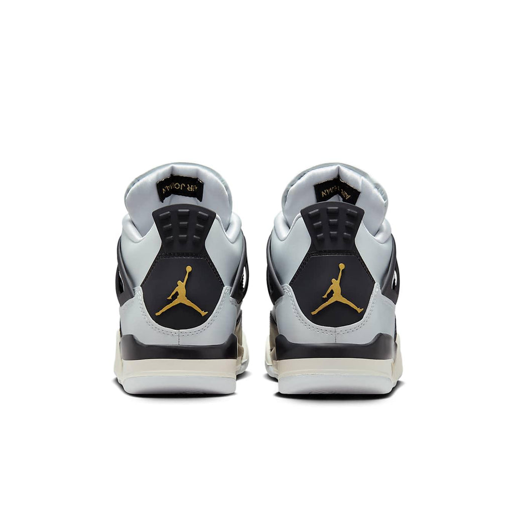 Rear view of Air Jordan 4 Retro Platinum Gold GS showcasing premium design and iconic Jumpman logo.