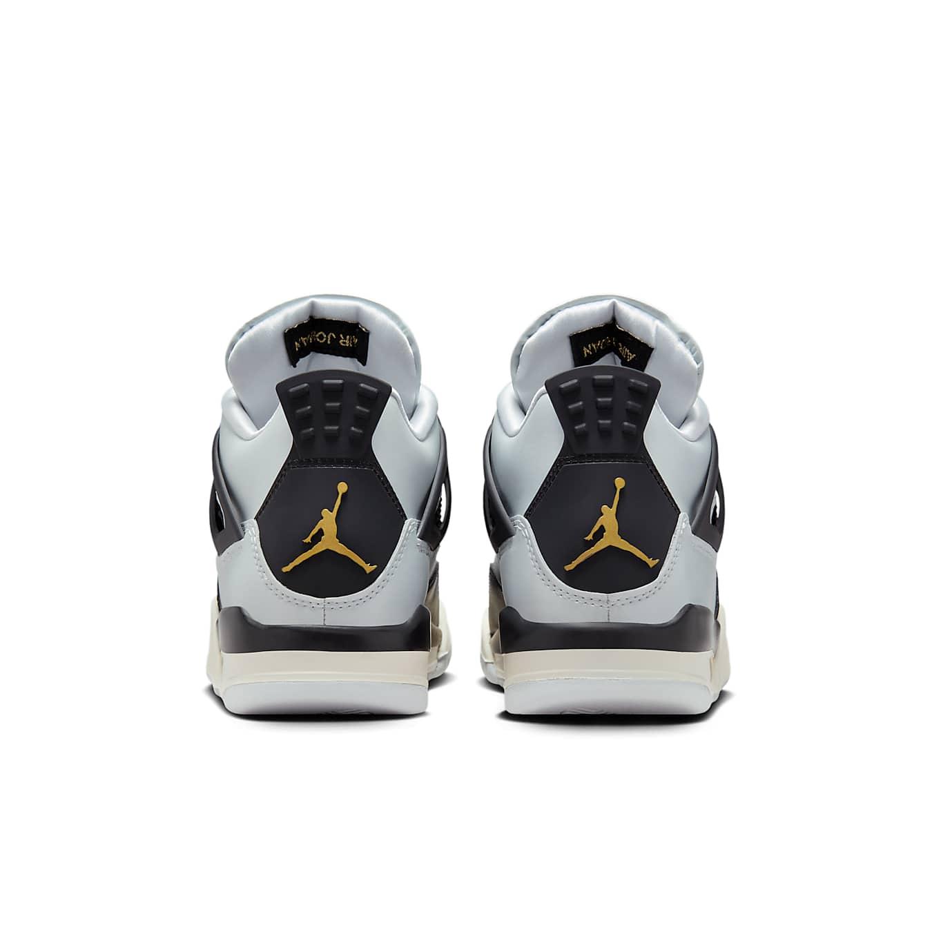 Rear view of Air Jordan 4 Retro Platinum Gold GS showcasing premium design and iconic Jumpman logo.