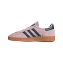 Pink sneaker with three black stripes on a light gray background