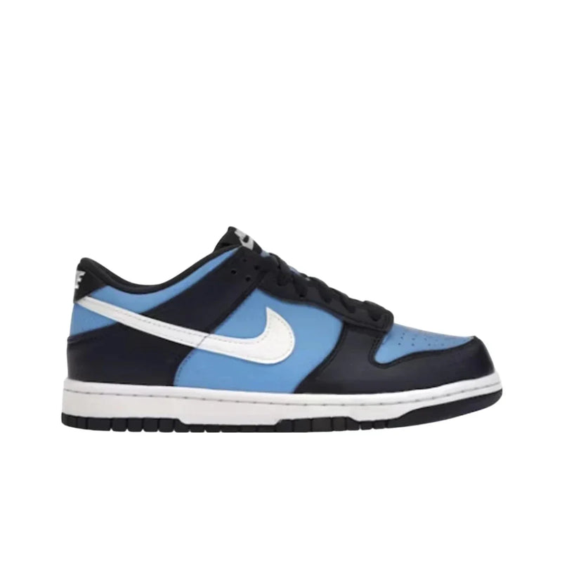 Low-top sneaker in university blue and black with a white side swoosh, black outsole