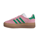 Pink Adidas sneaker with green stripes on a light gray background