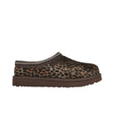 Women's leopard print slipper with brown sole and decorative trim, side profile view