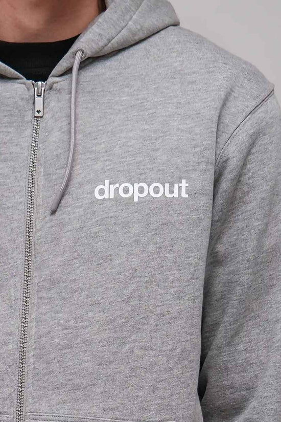grey hoodie with 'dropout' text on a plain background