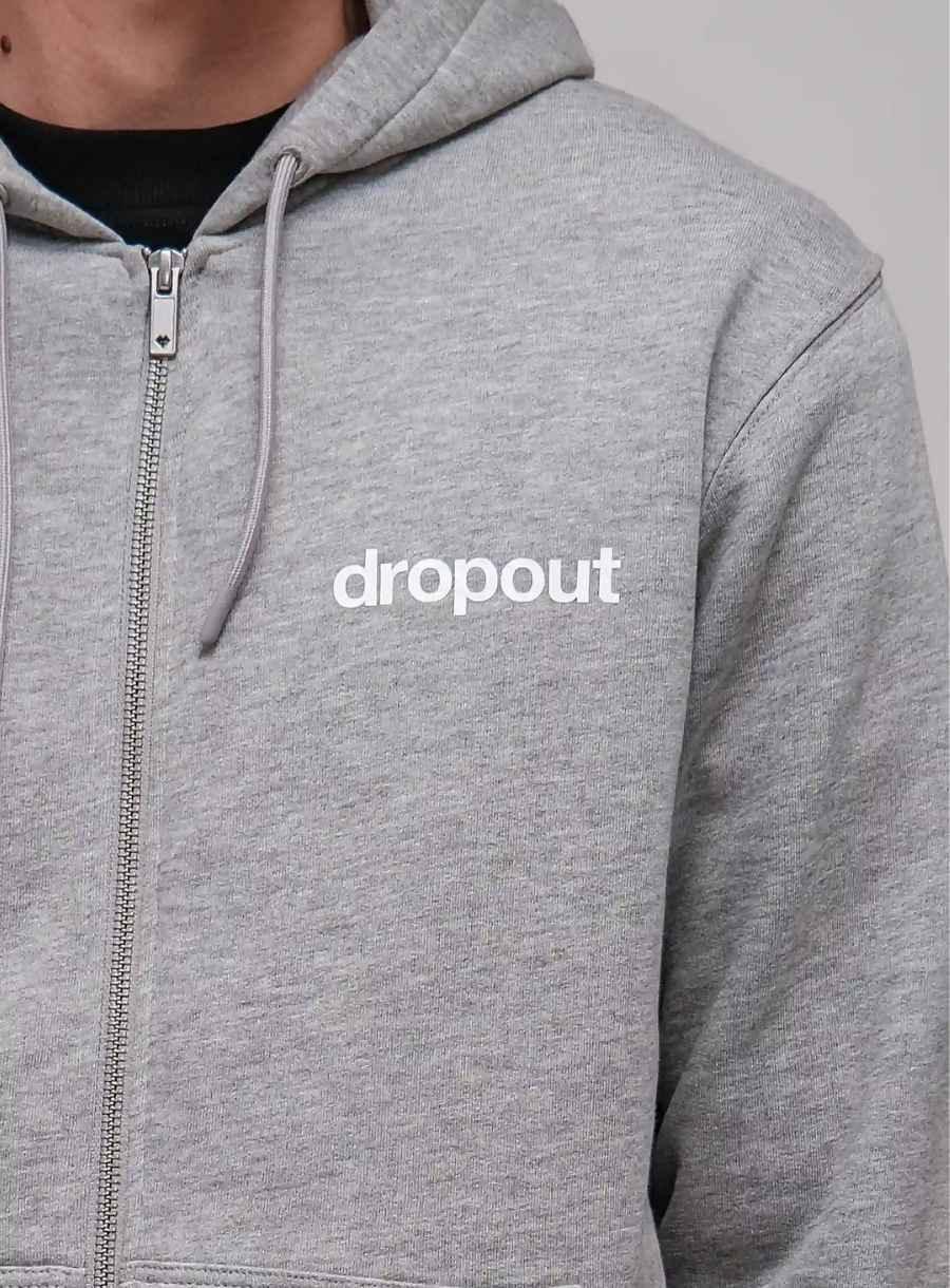 grey hoodie with 'dropout' text on a plain background