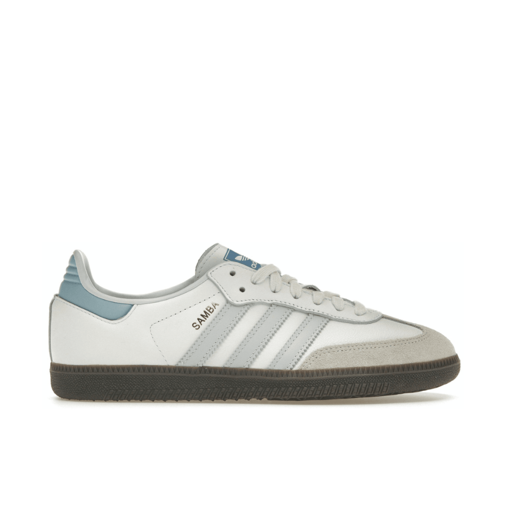 adidas Samba OG sneakers in white and halo blue, featuring classic 3-Stripes design and retro style.