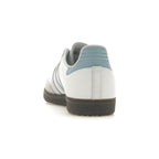 Back view of adidas Samba OG shoes in white and halo blue design, showcasing retro style and iconic 3-Stripes.