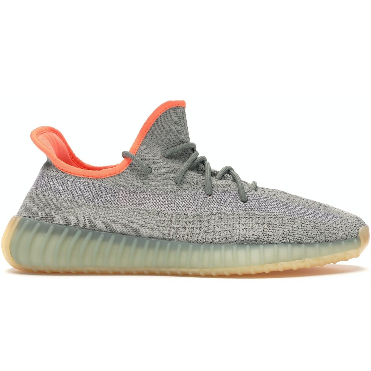 adidas Yeezy Boost 350 V2 Desert Sage in light green with orange collar and Boost sole.