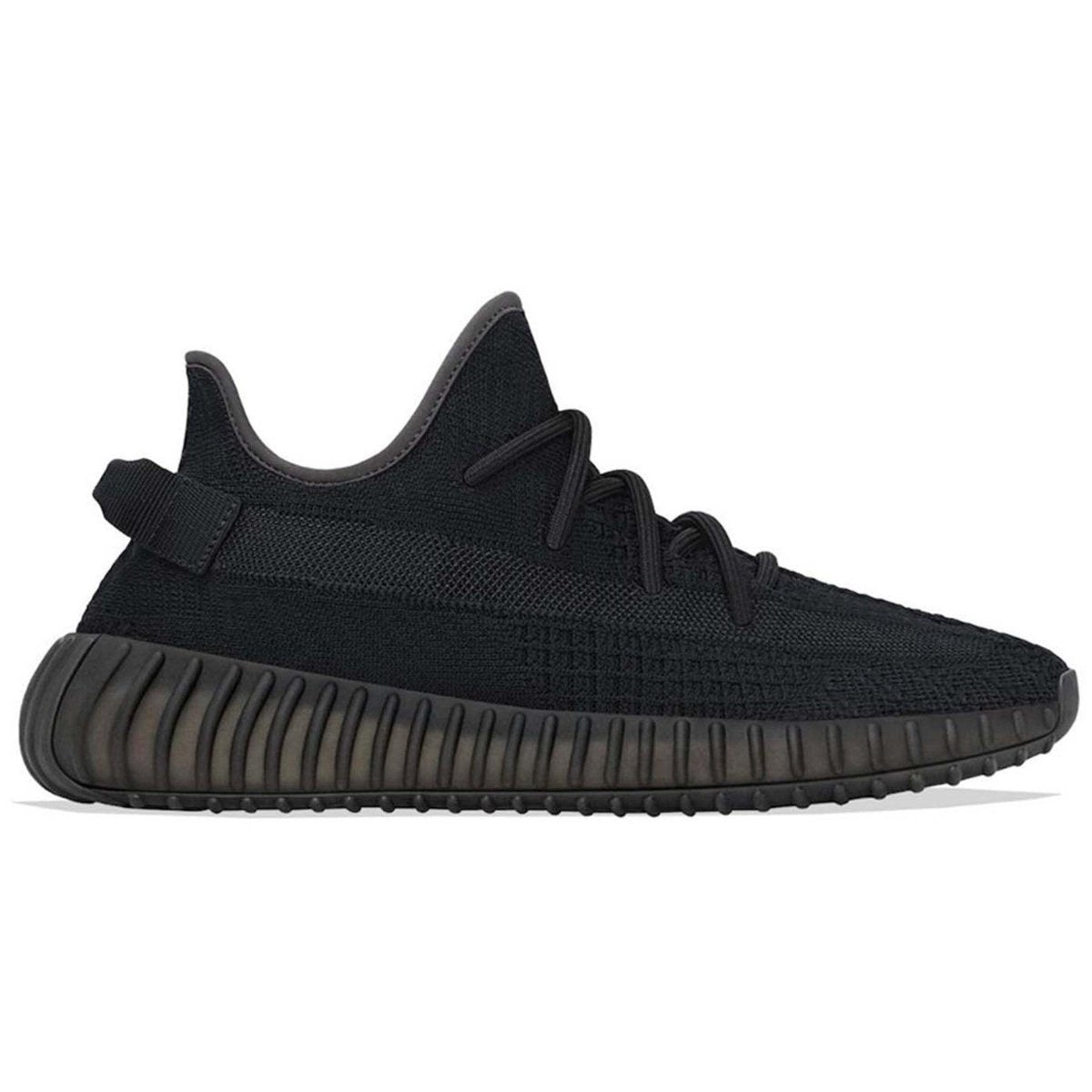 adidas Yeezy Boost 350 V2 Onyx sneakers in black Primeknit with a textured sole, showcasing minimalist design and performance.