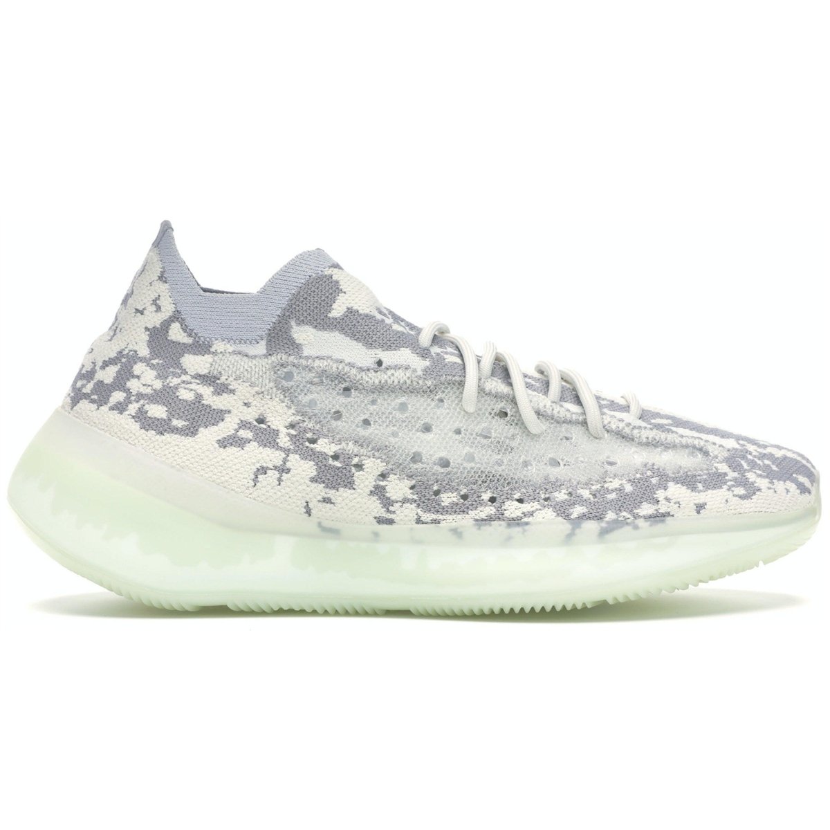 adidas Yeezy Boost 380 Alien sneaker in grey and white with futuristic design and high-top style.