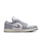 Air Jordan 1 Low Vintage Stealth Grey sneaker featuring white and grey leather design with vintage details.