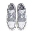 Air Jordan 1 Low Vintage Grey sneakers featuring white leather with grey overlays and classic Jumpman logo.