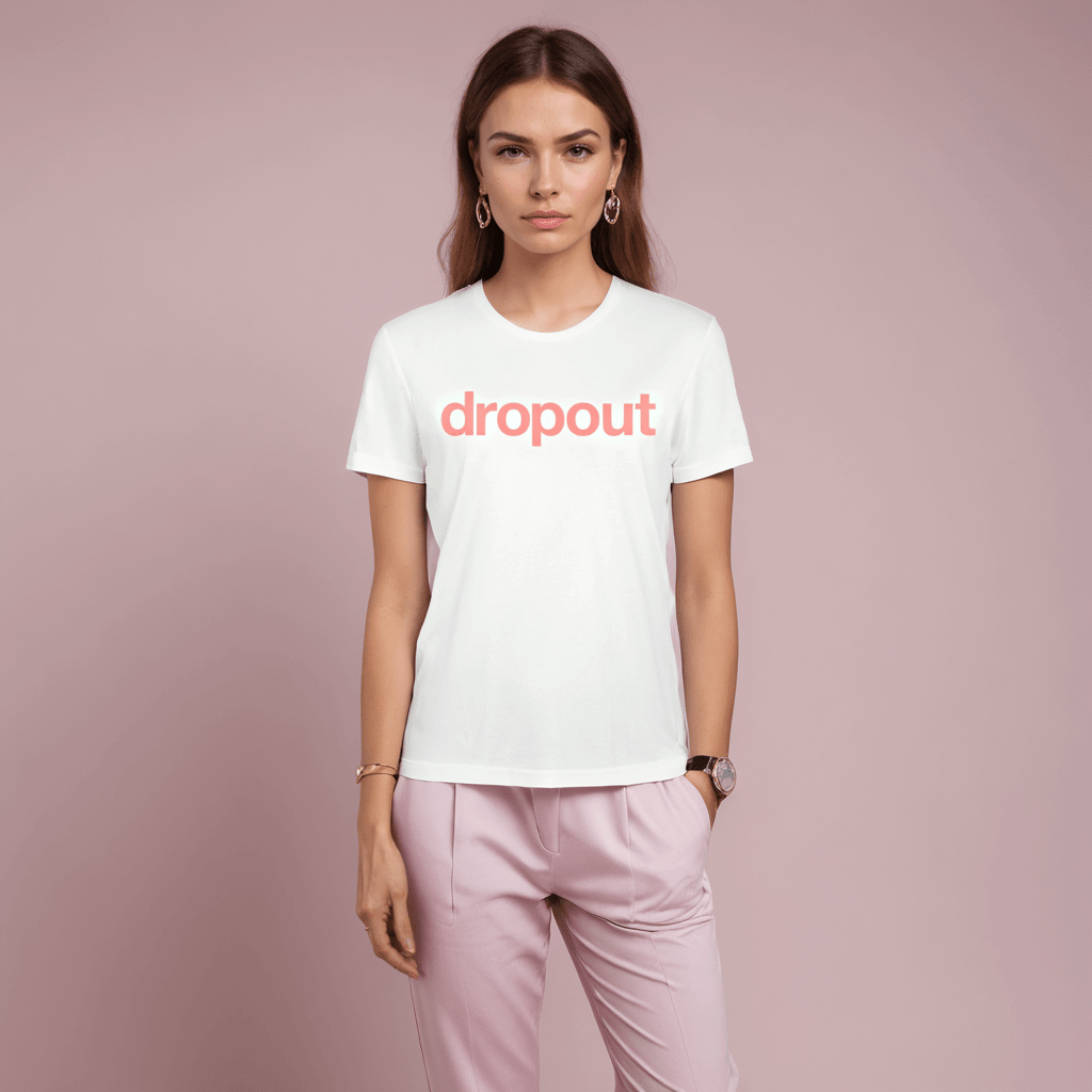 Model wearing Classic Tee in white featuring a bold dropout logo, perfect for everyday casual wear.